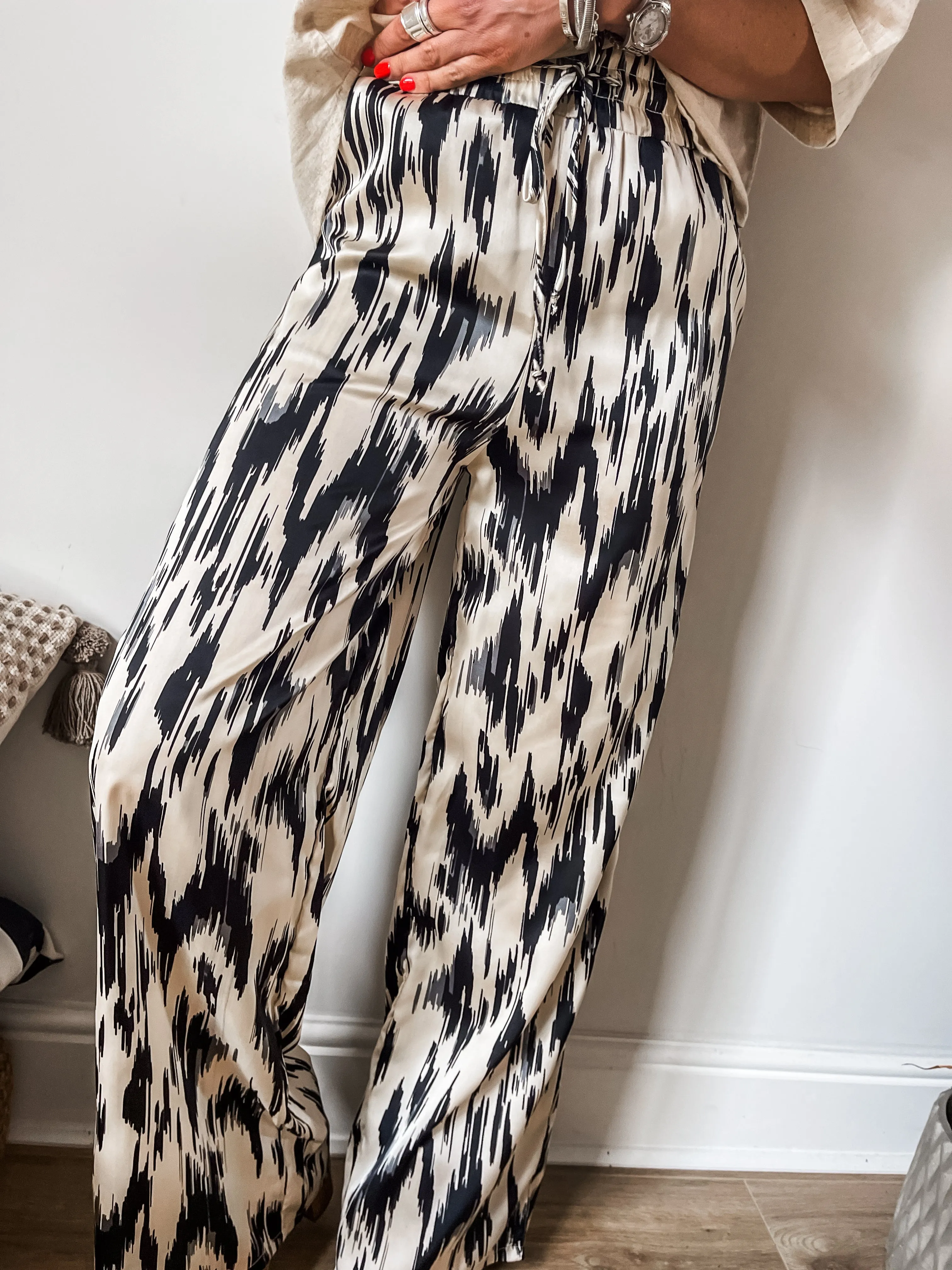 Abstract Print Satin Wide Leg Trousers