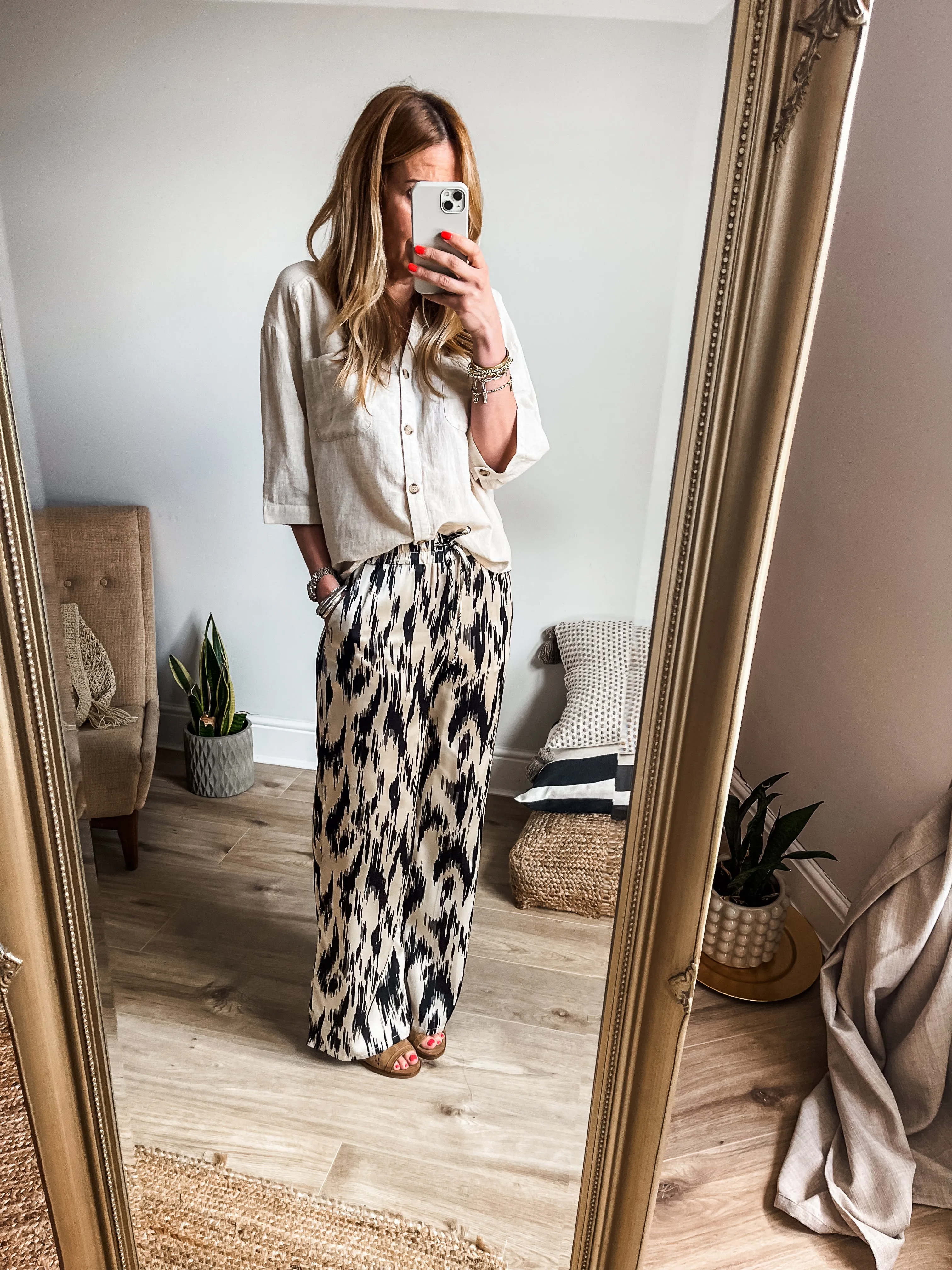 Abstract Print Satin Wide Leg Trousers