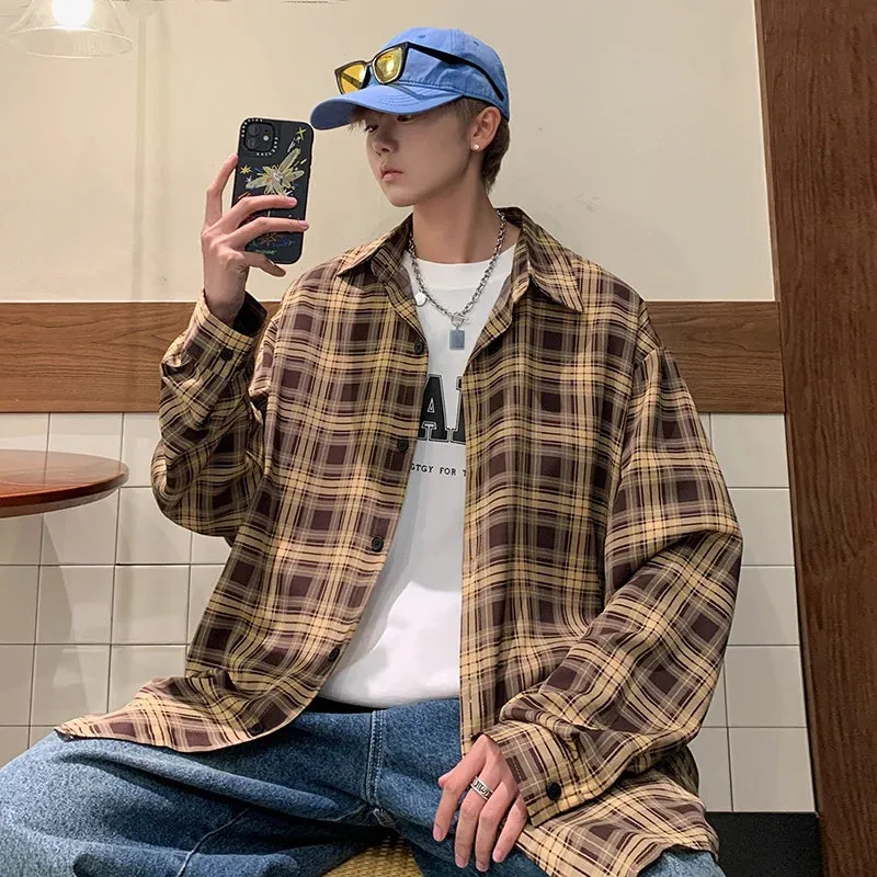 Aidase Casual Plaid Shirt Mens Clothing Blouse Fashion Long Sleeve Shirt Streetwear Harajuku Color Block Plaid Shirt Male Korean Shirts