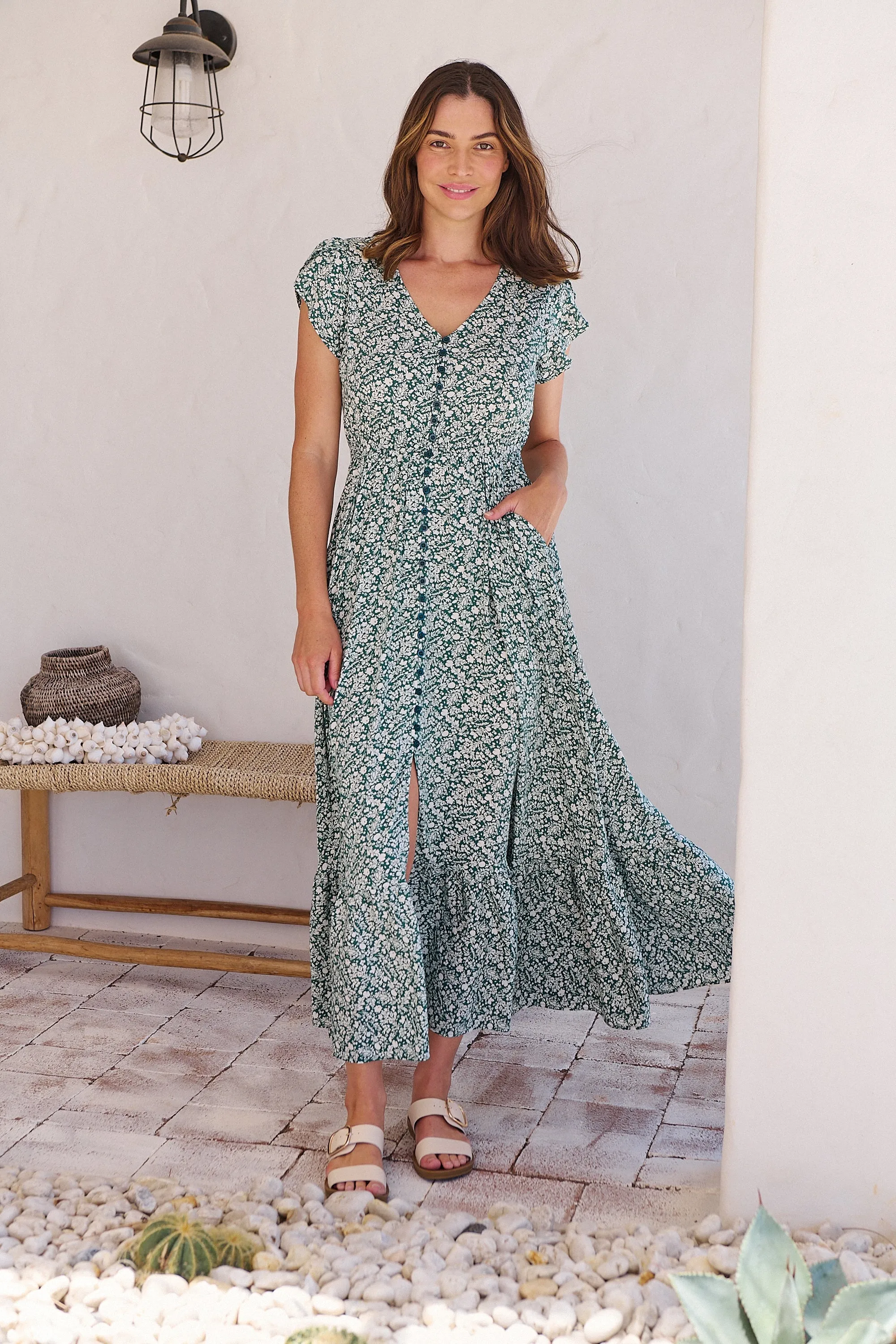 Augustina Button Front Green/White Floral Print Maxi Dress