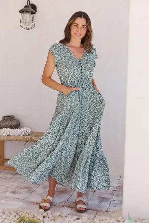 Augustina Button Front Green/White Floral Print Maxi Dress