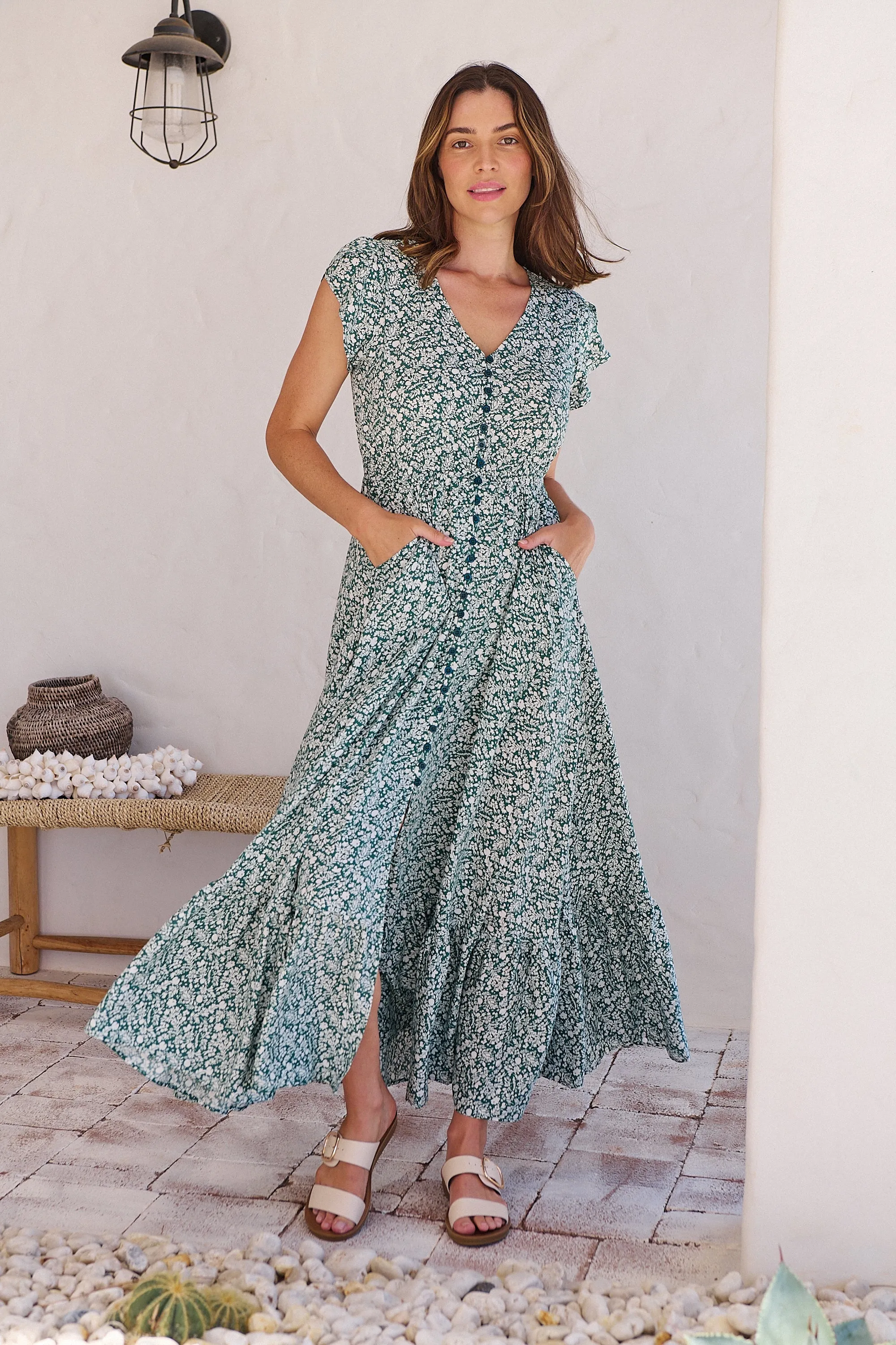 Augustina Button Front Green/White Floral Print Maxi Dress