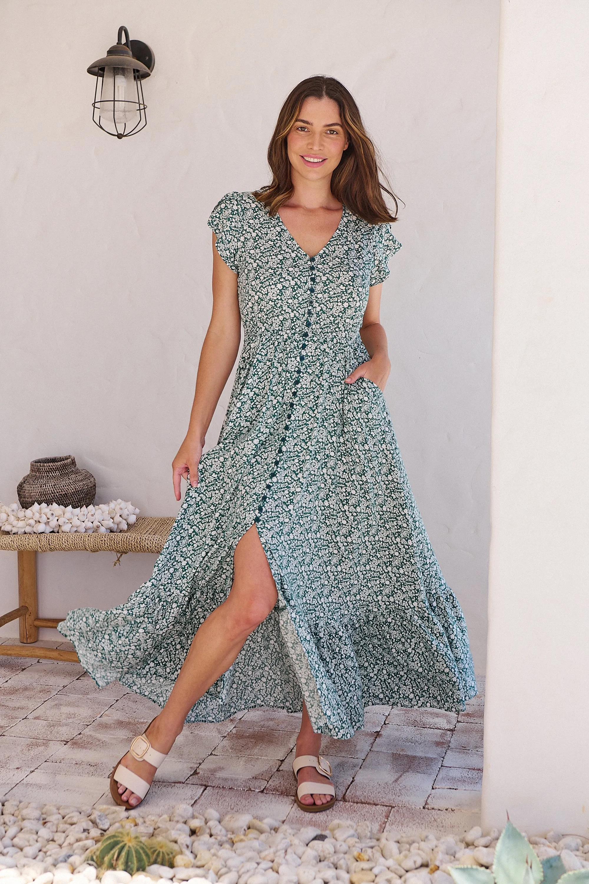 Augustina Button Front Green/White Floral Print Maxi Dress