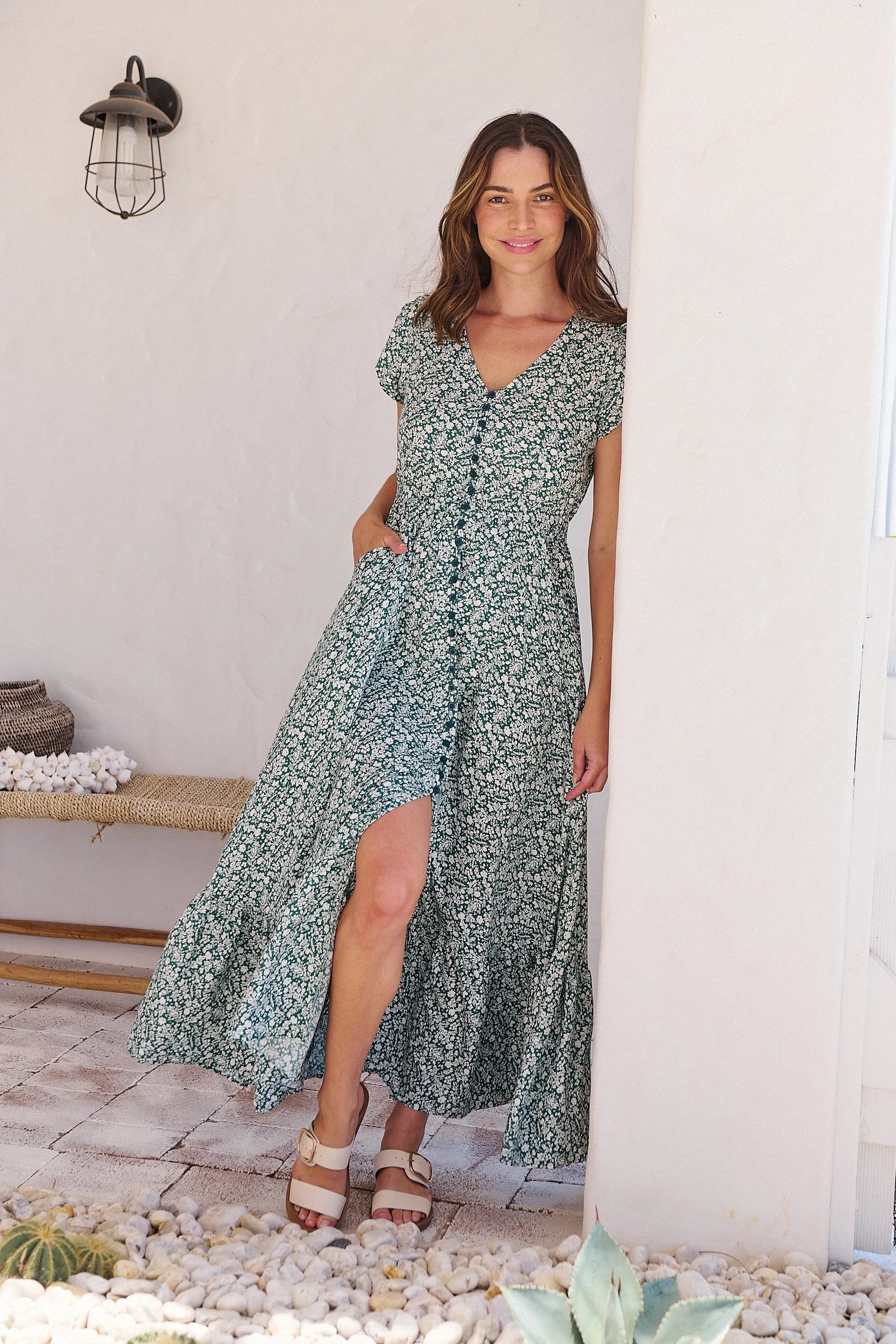 Augustina Button Front Green/White Floral Print Maxi Dress