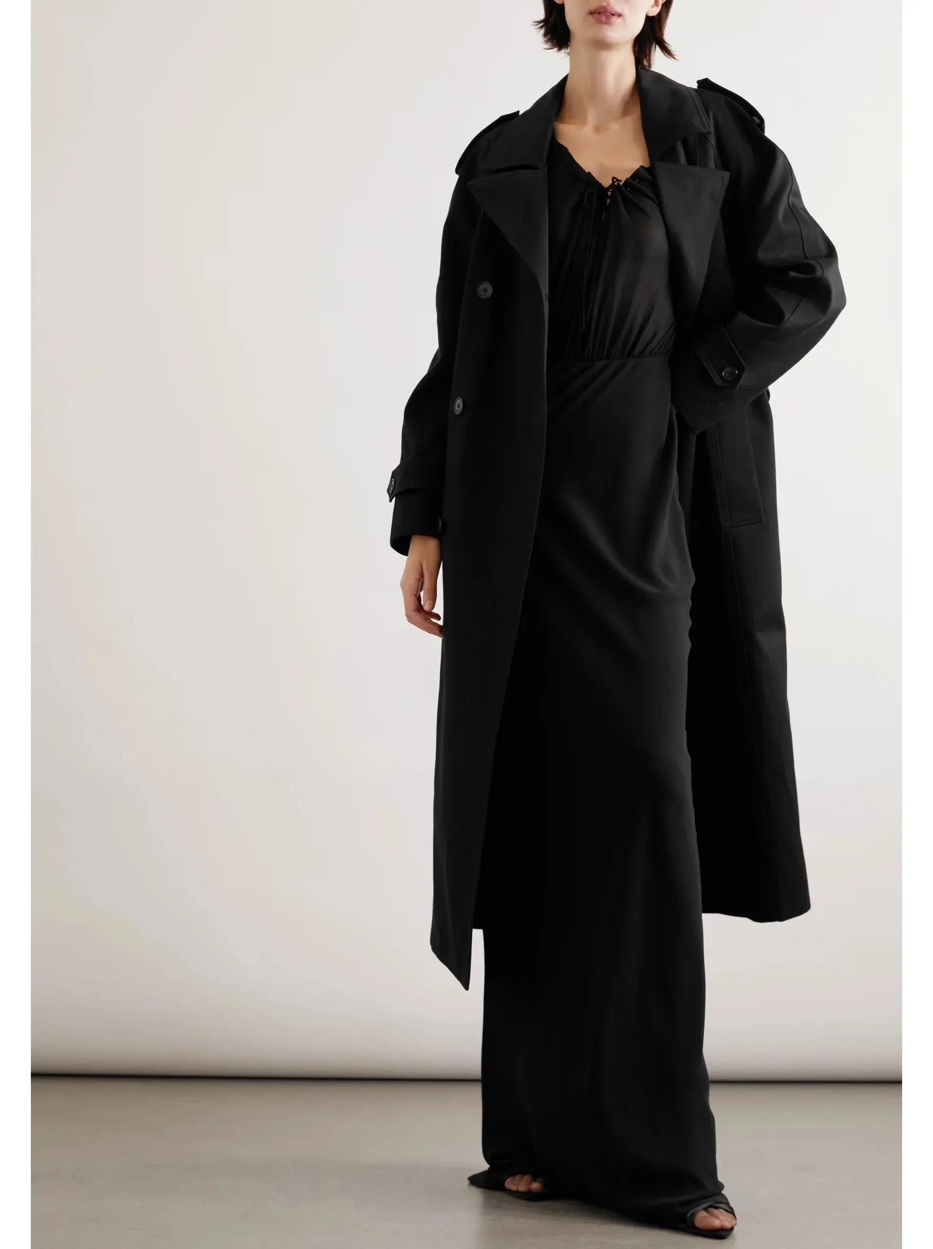 Belted Double-Breasted Long Twill Trench Coat