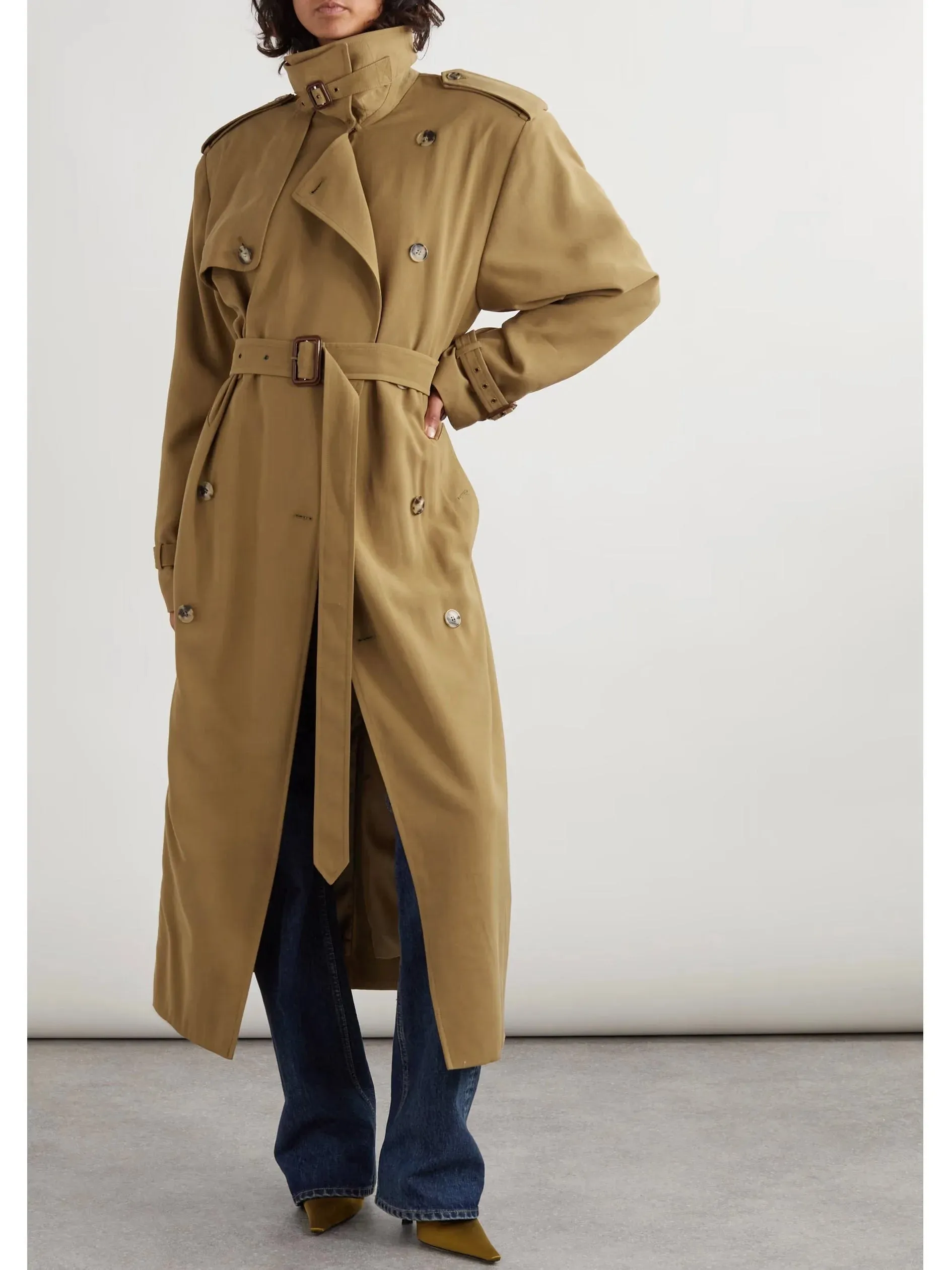 Belted Double-Breasted Long Twill Trench Coat