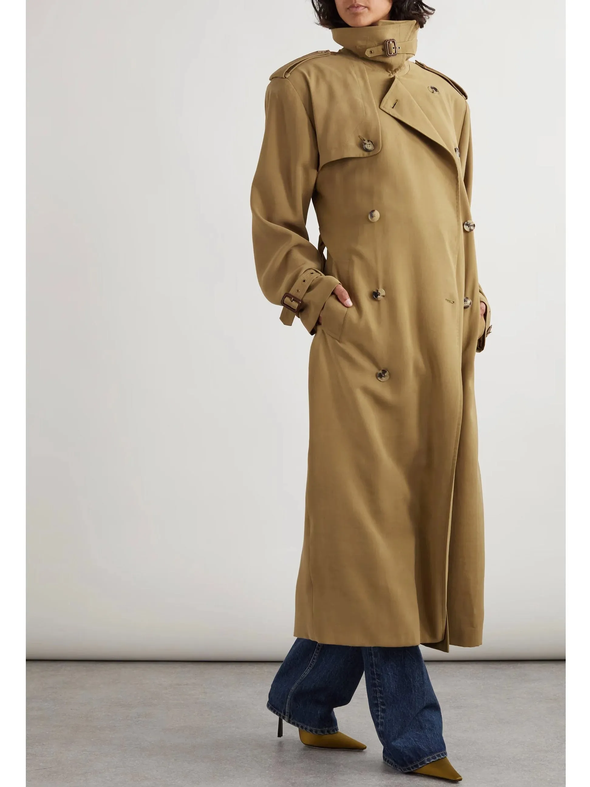 Belted Double-Breasted Long Twill Trench Coat