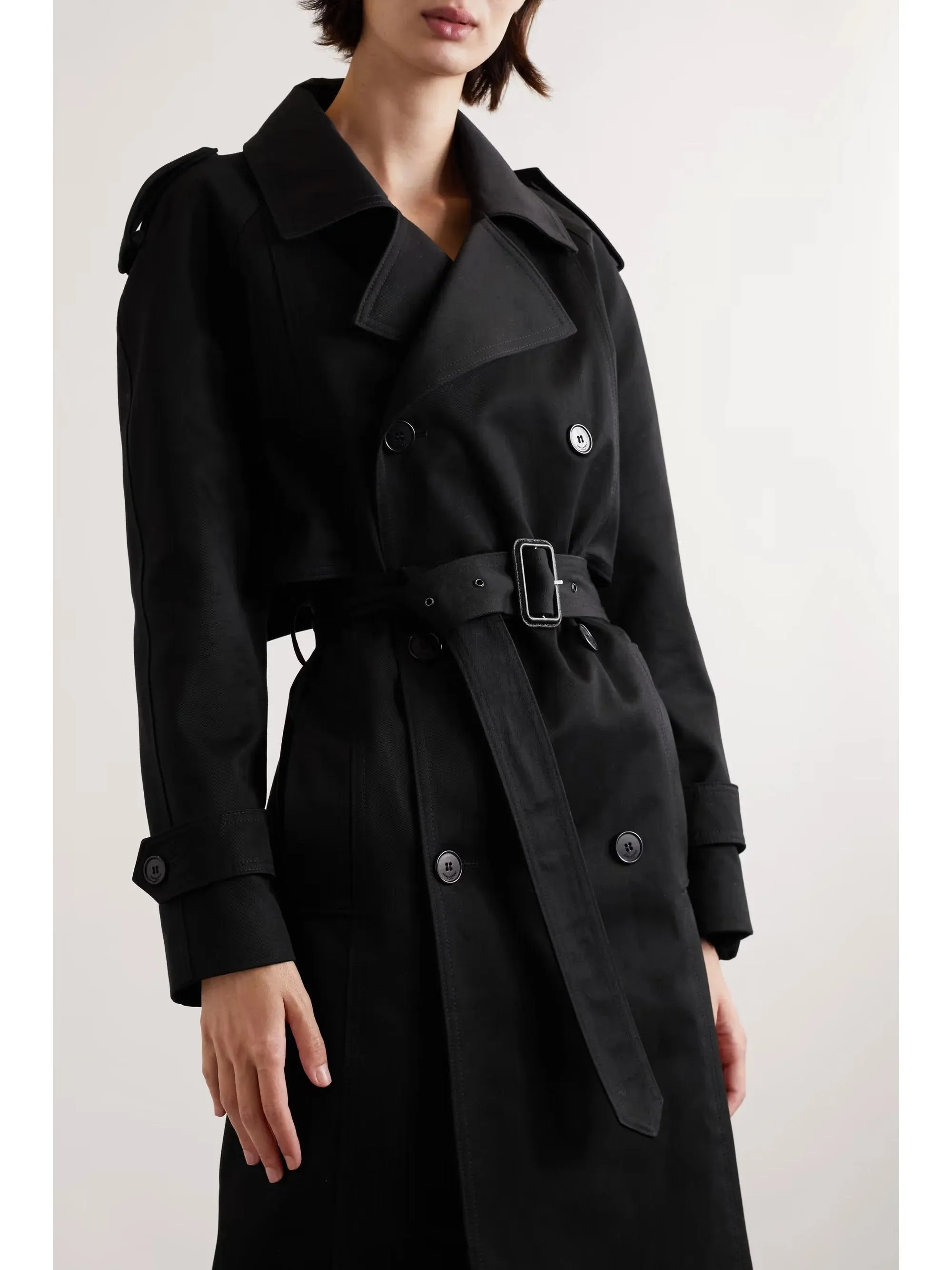 Belted Double-Breasted Long Twill Trench Coat