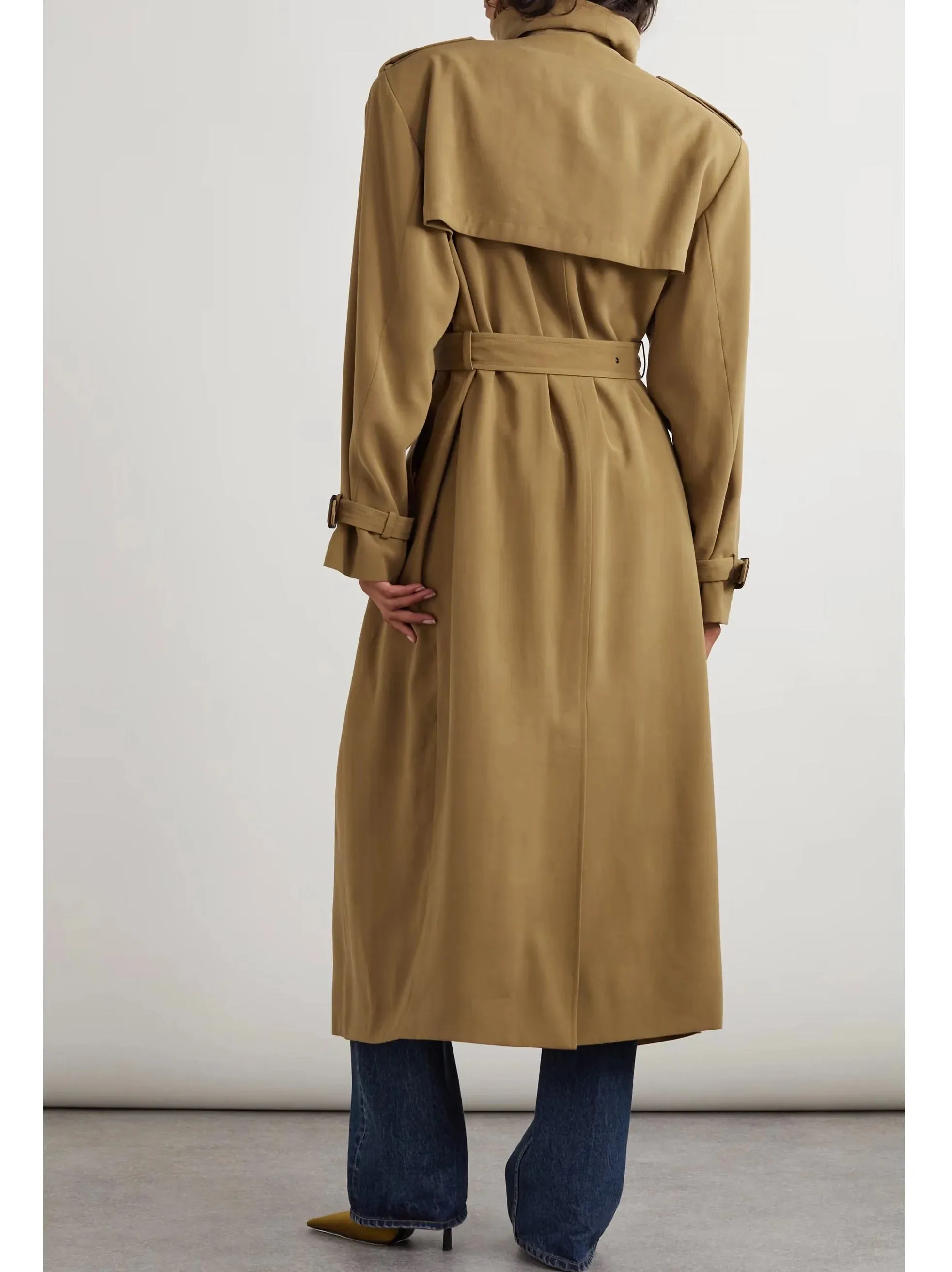 Belted Double-Breasted Long Twill Trench Coat