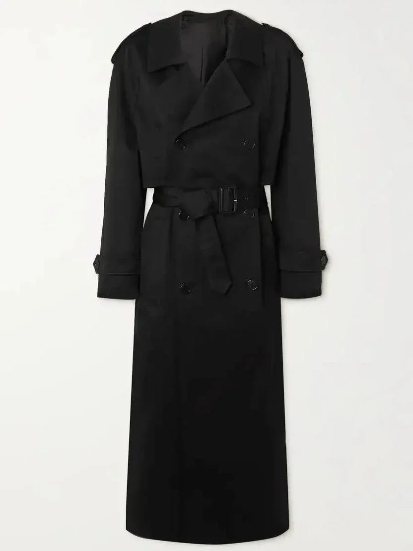 Belted Double-Breasted Long Twill Trench Coat