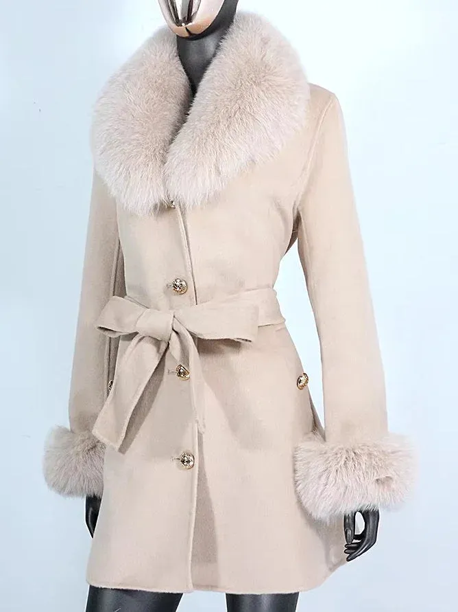 Belted Fur-Trim Wool and Cashmere Short Coat