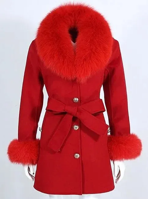 Belted Fur-Trim Wool and Cashmere Short Coat