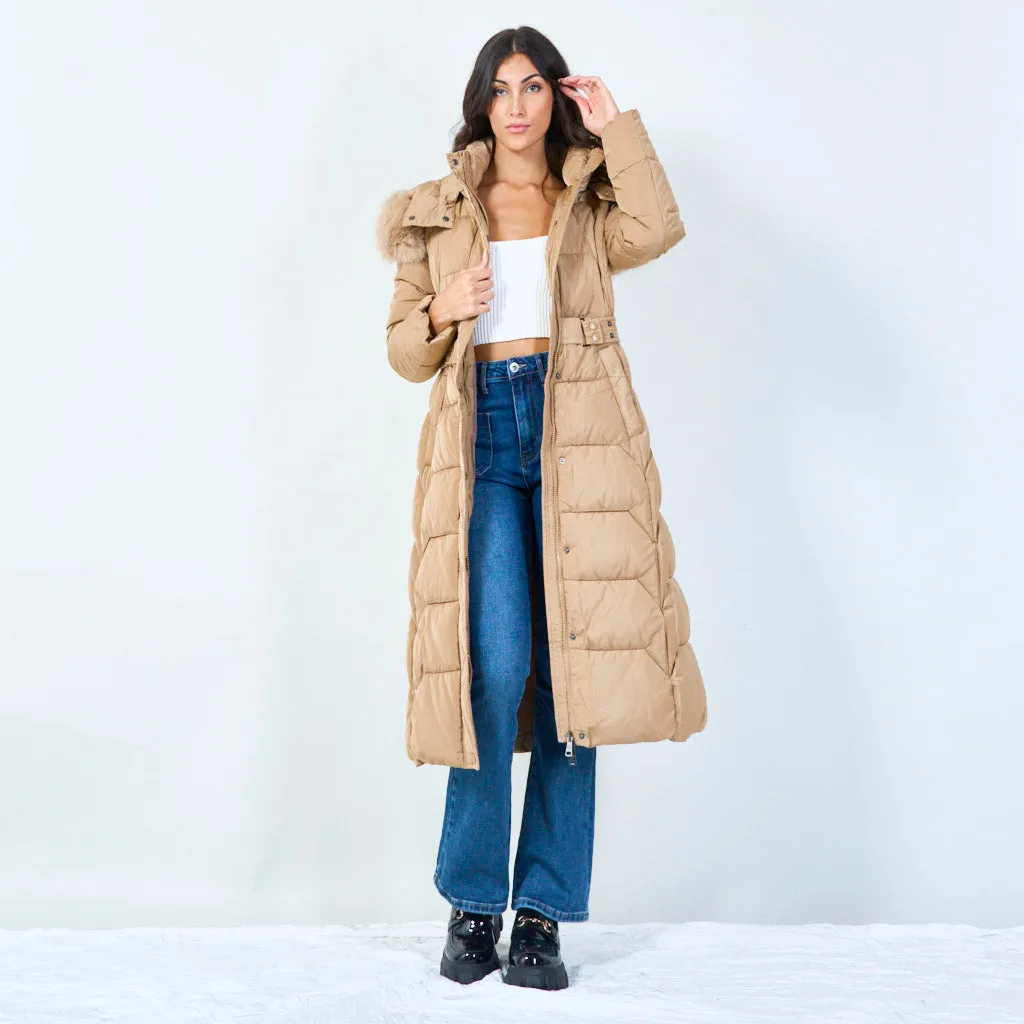 Belted long puffer coat with faux fur hood wholesale