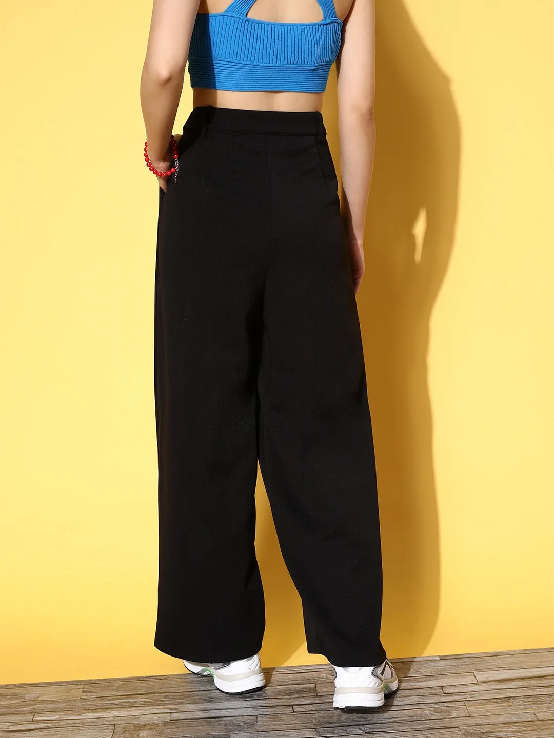 Berrylush Women Solid Black High-Rise Waist Polyester Button-Up Straight Leg Trousers