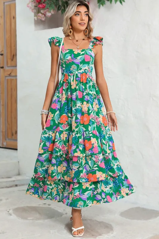 Boho Floral Ruffle Sleeveless Tiered Maxi Dress