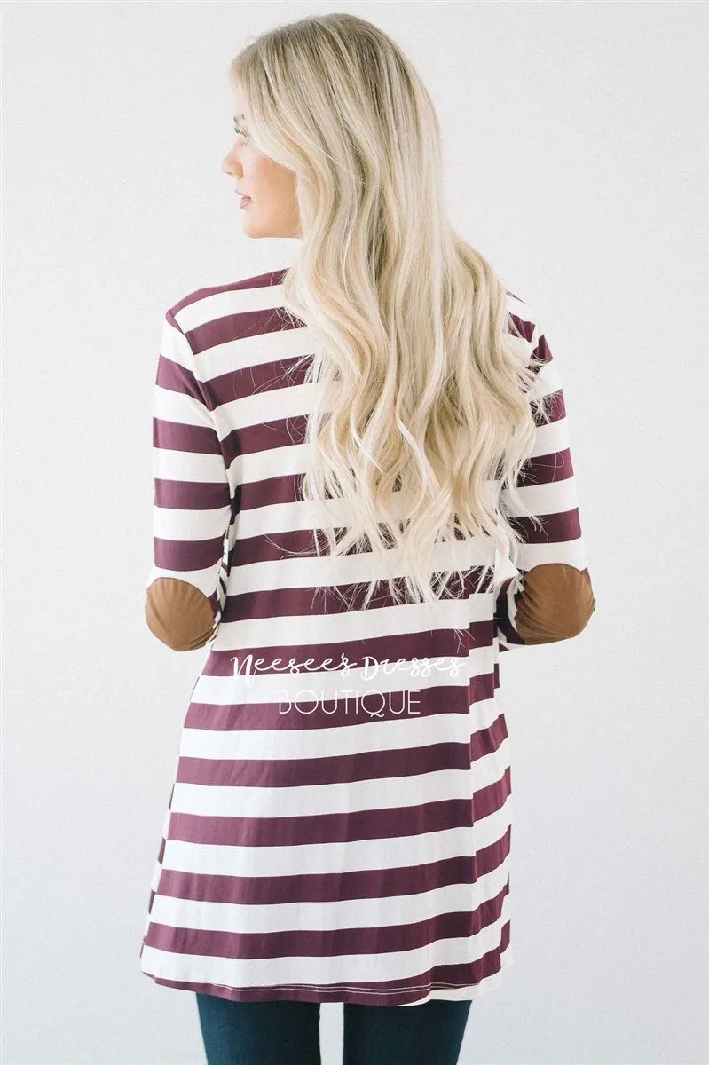 Burgundy Stripe Elbow Patch Cardigan