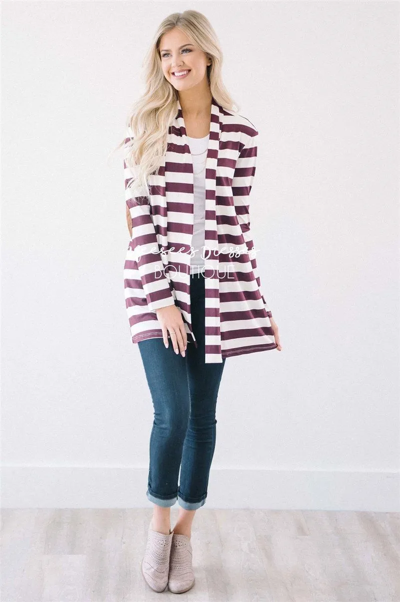 Burgundy Stripe Elbow Patch Cardigan