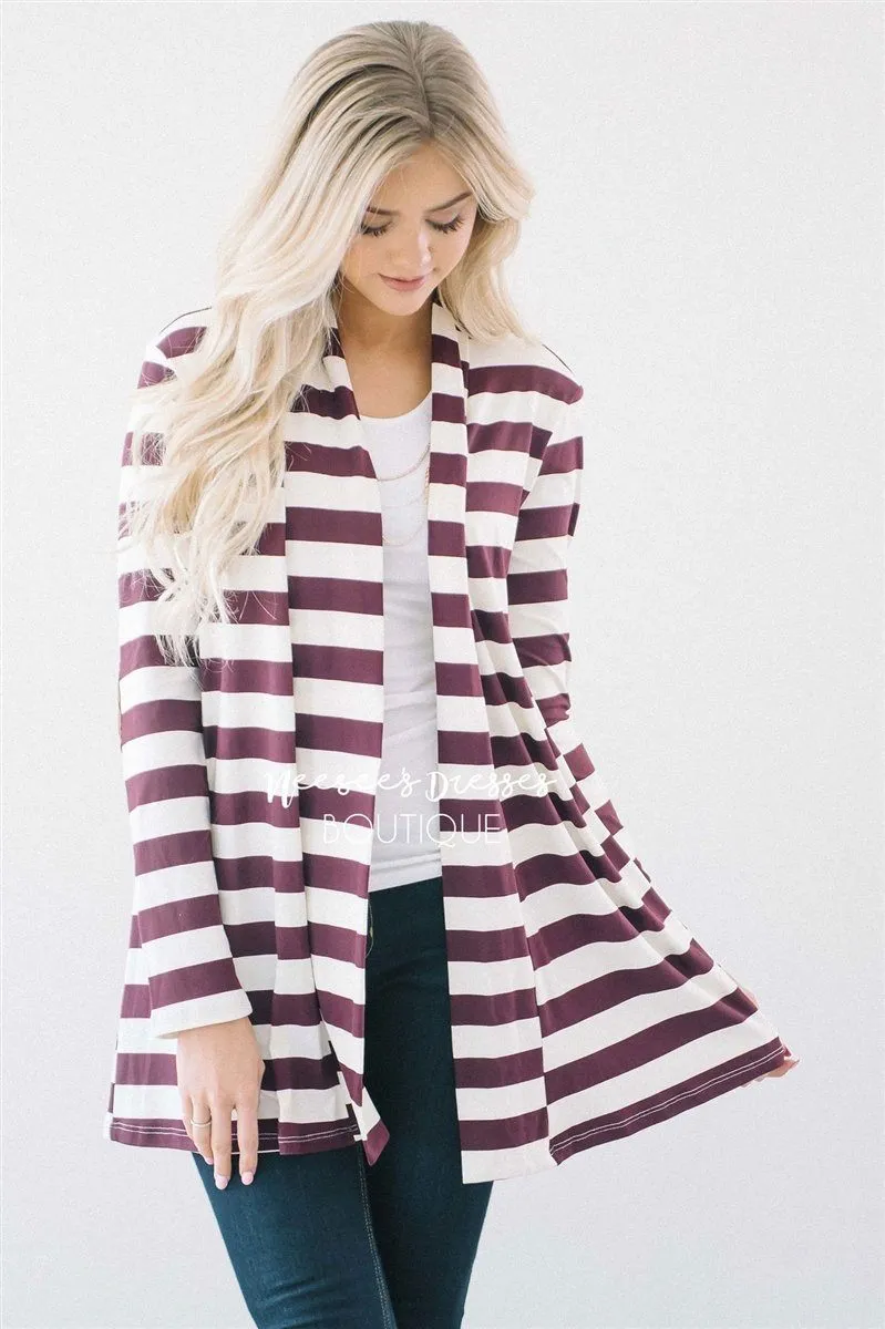 Burgundy Stripe Elbow Patch Cardigan