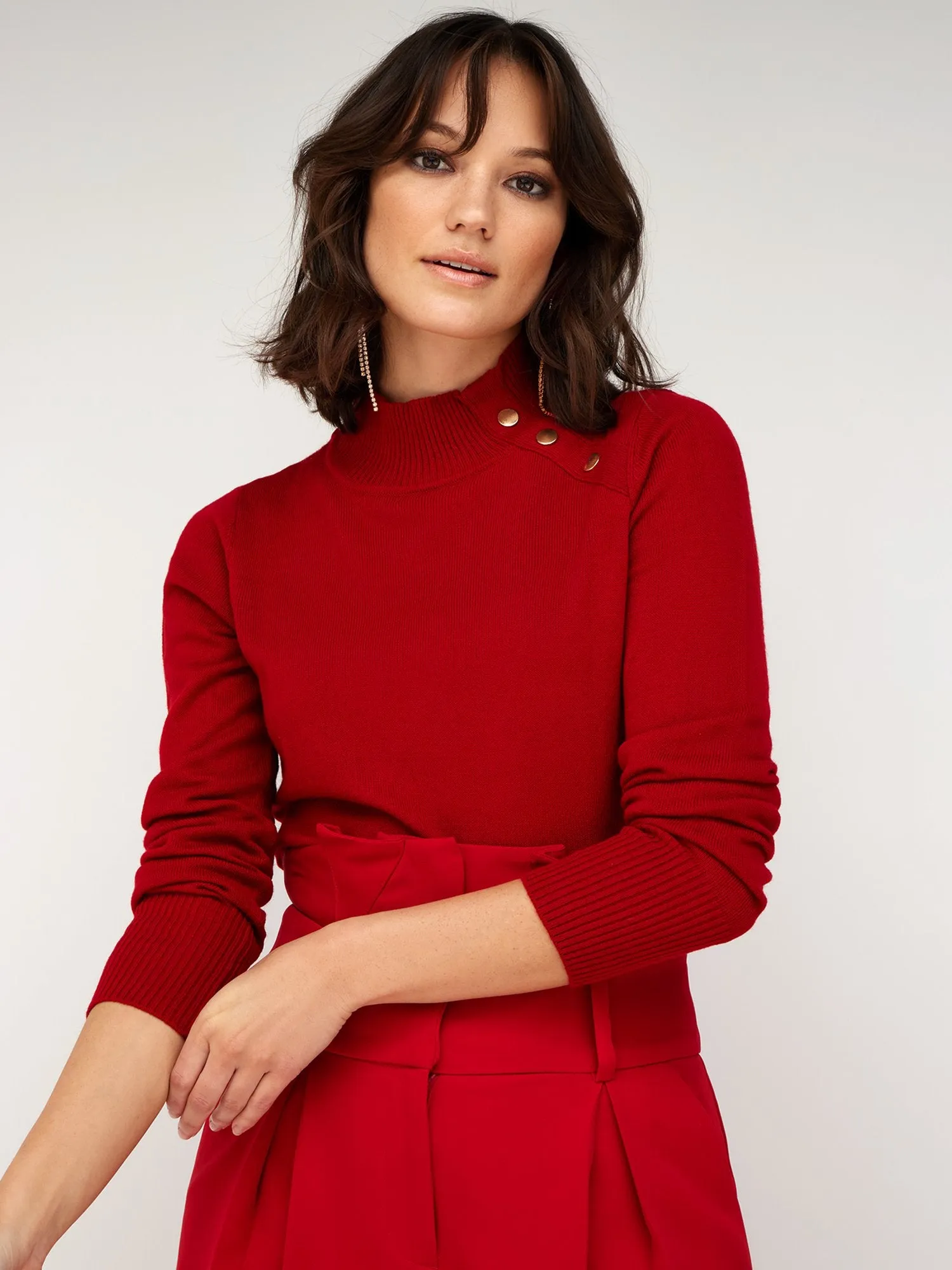 Button-Accent Mock-Neck Sweater