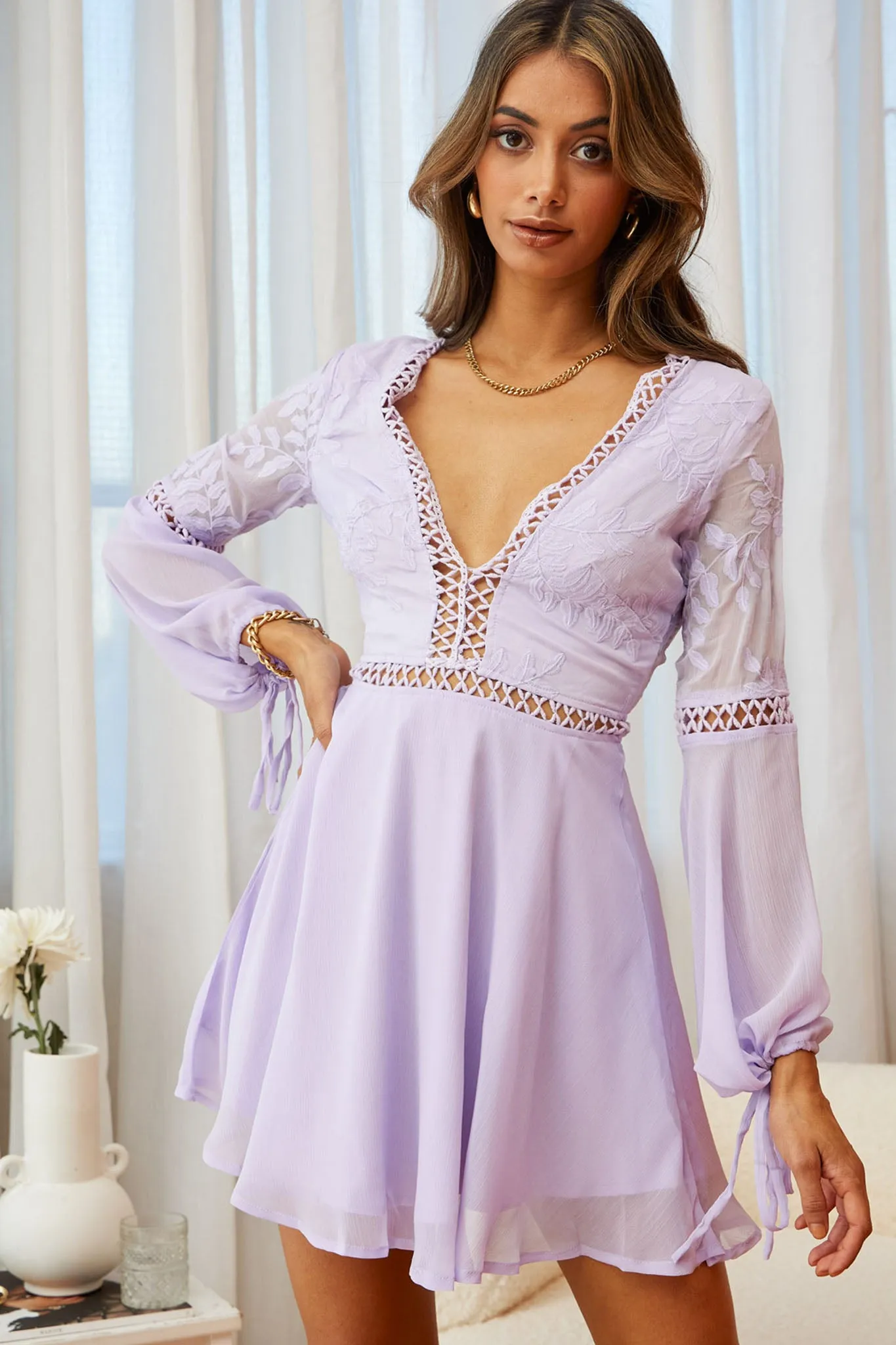 Carson Long Sleeve Crochet Embroidery Detail Dress Lilac