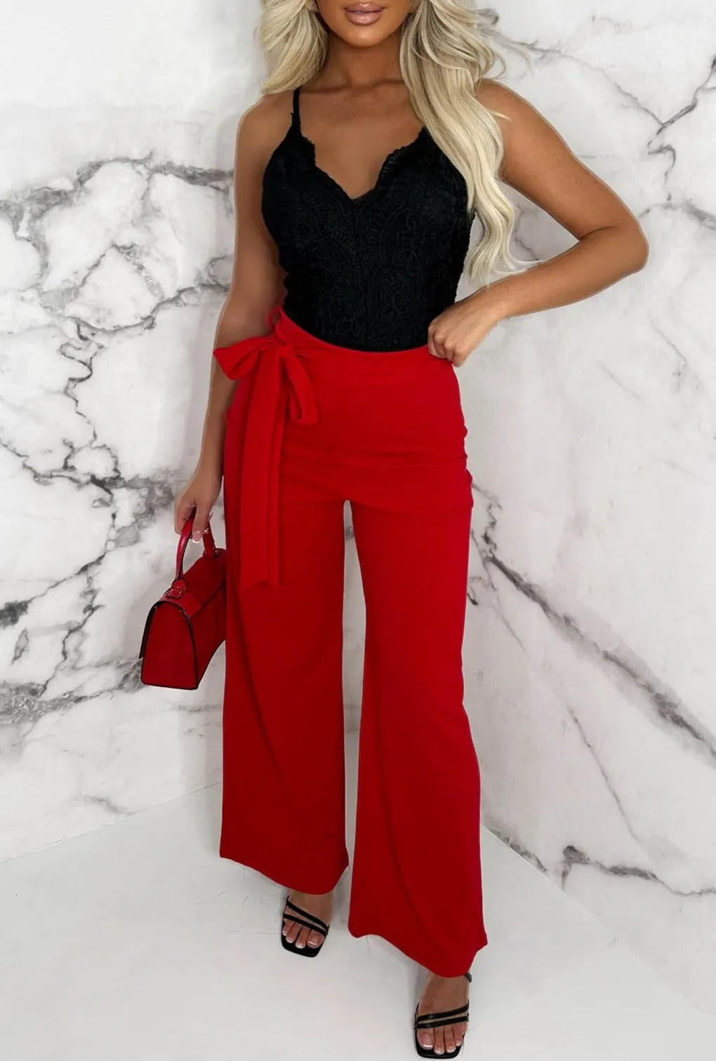 Chic Couture Red Belted Wide Leg Trousers