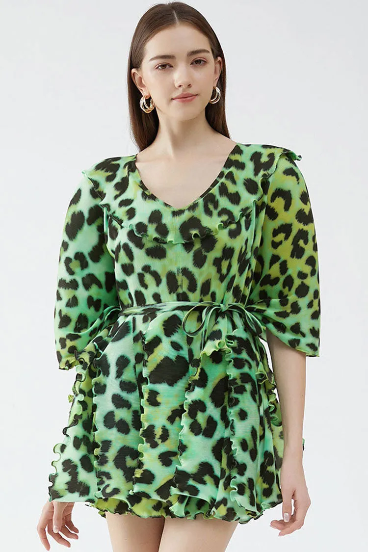 Classy V Neck Half Sleeve Leopard Print Pleated Ruffle Mini Dress - Green