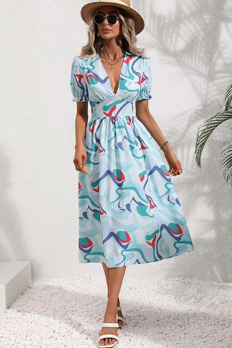 COLOR WAVE PAINTING DEEP V NECK PUFF DRESS