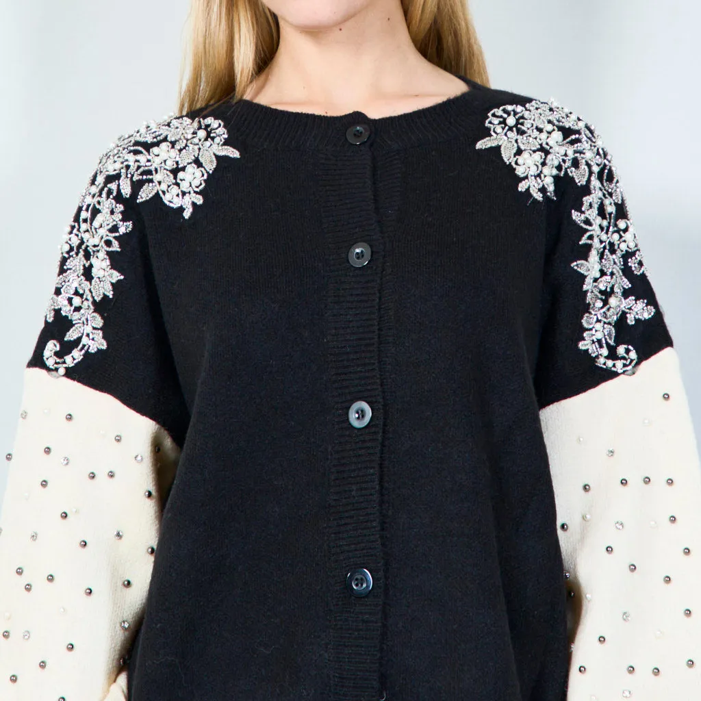 Elegant floral applique and bead detail button-up sweater wholesale