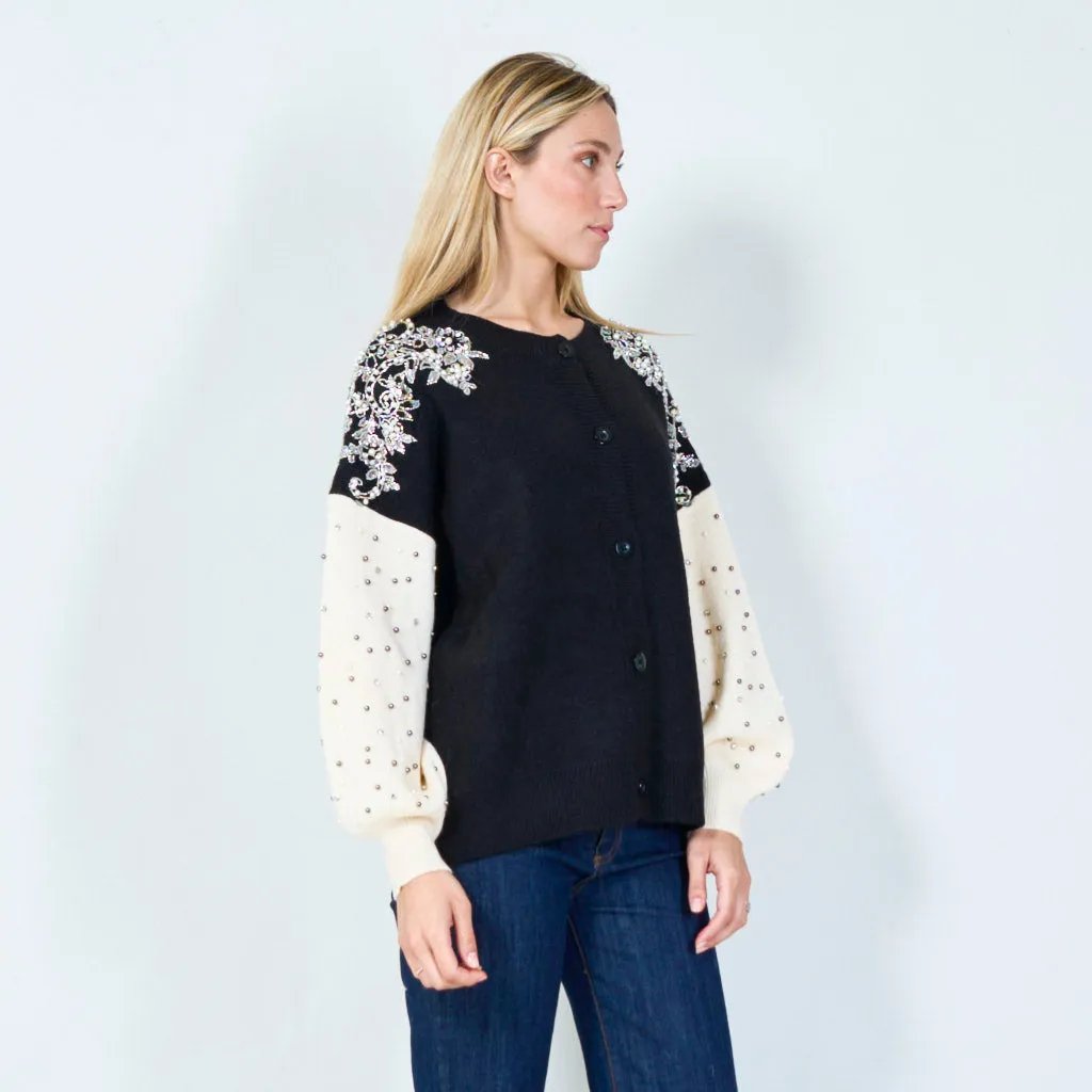 Elegant floral applique and bead detail button-up sweater wholesale