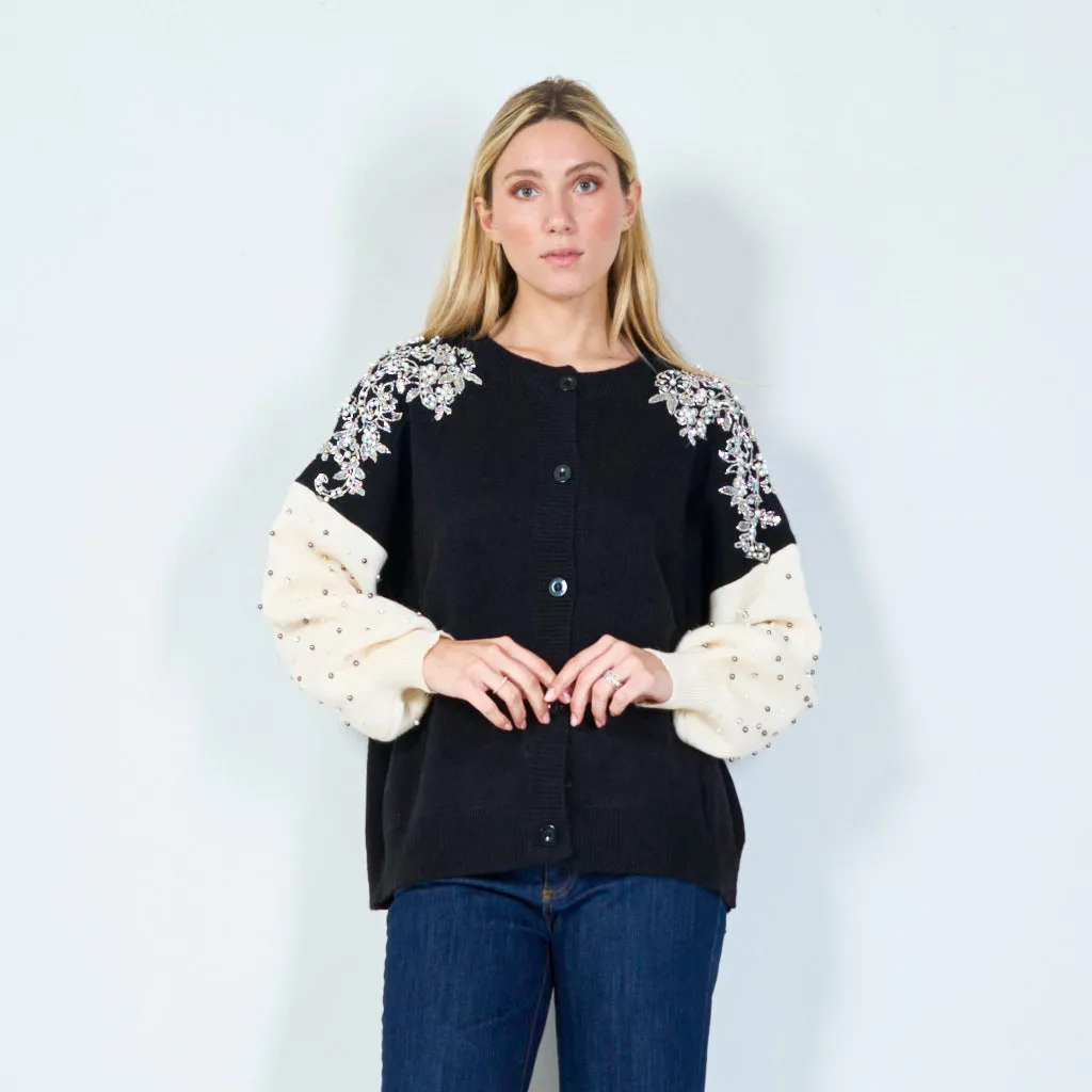 Elegant floral applique and bead detail button-up sweater wholesale