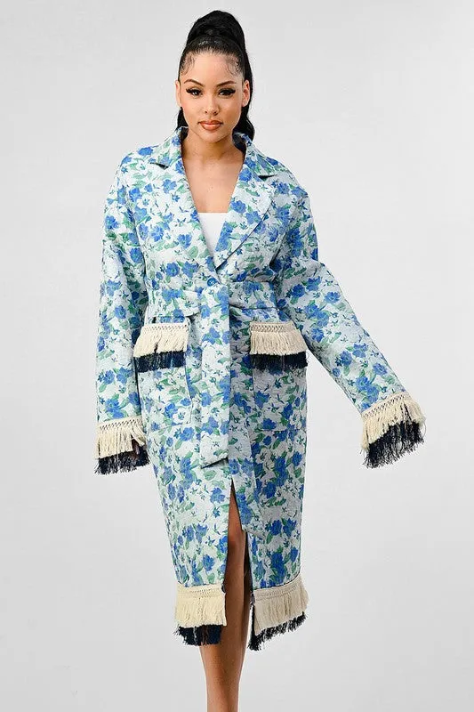 Floral Print Tassel Trench Coat