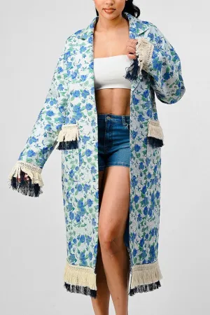 Floral Print Tassel Trench Coat