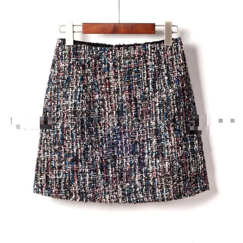 Fresh Style Sequins Tweed Pencil Skirt High Waist Mini Skirt