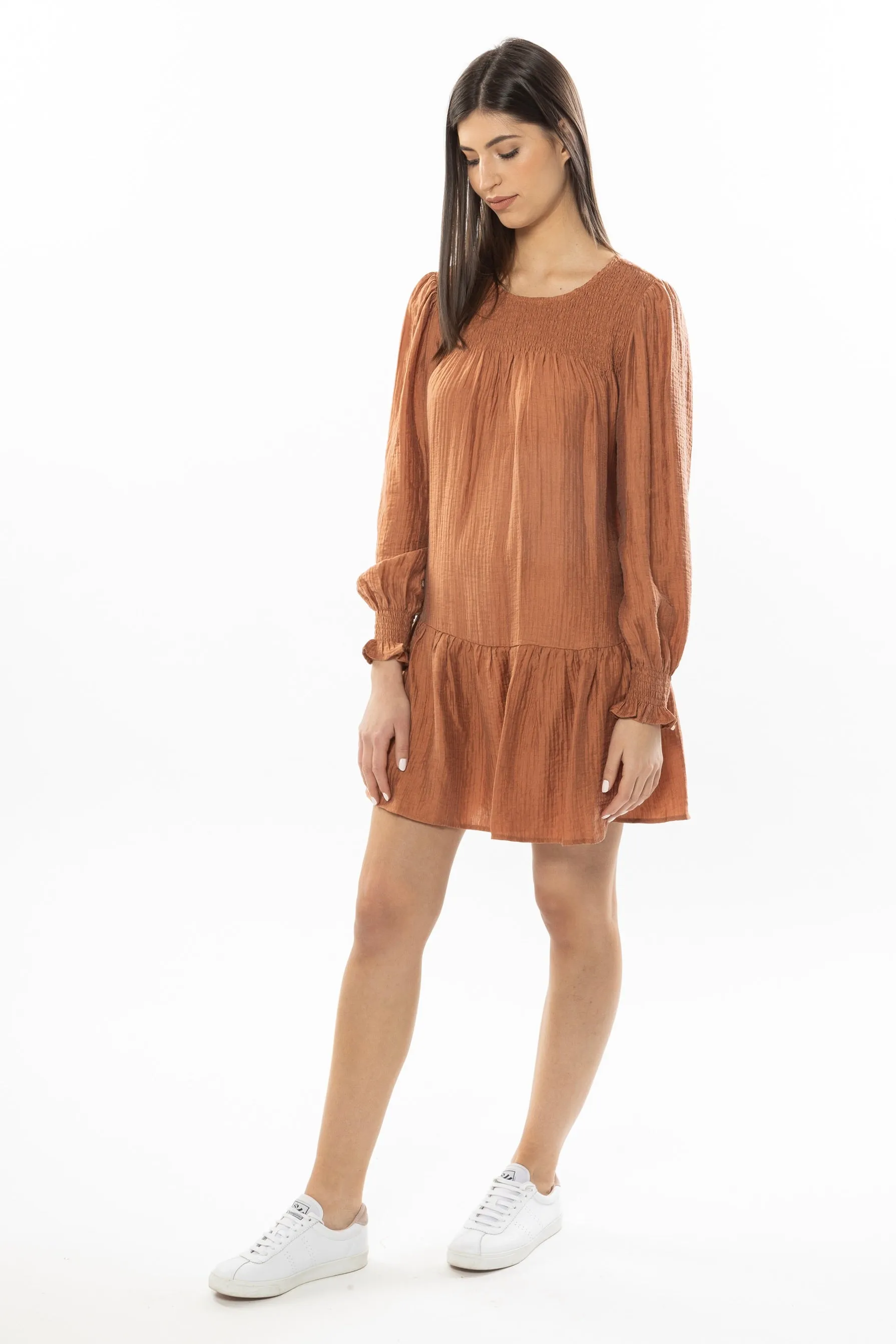 Hugged Copper Texture  Shirred LS Mini Dress