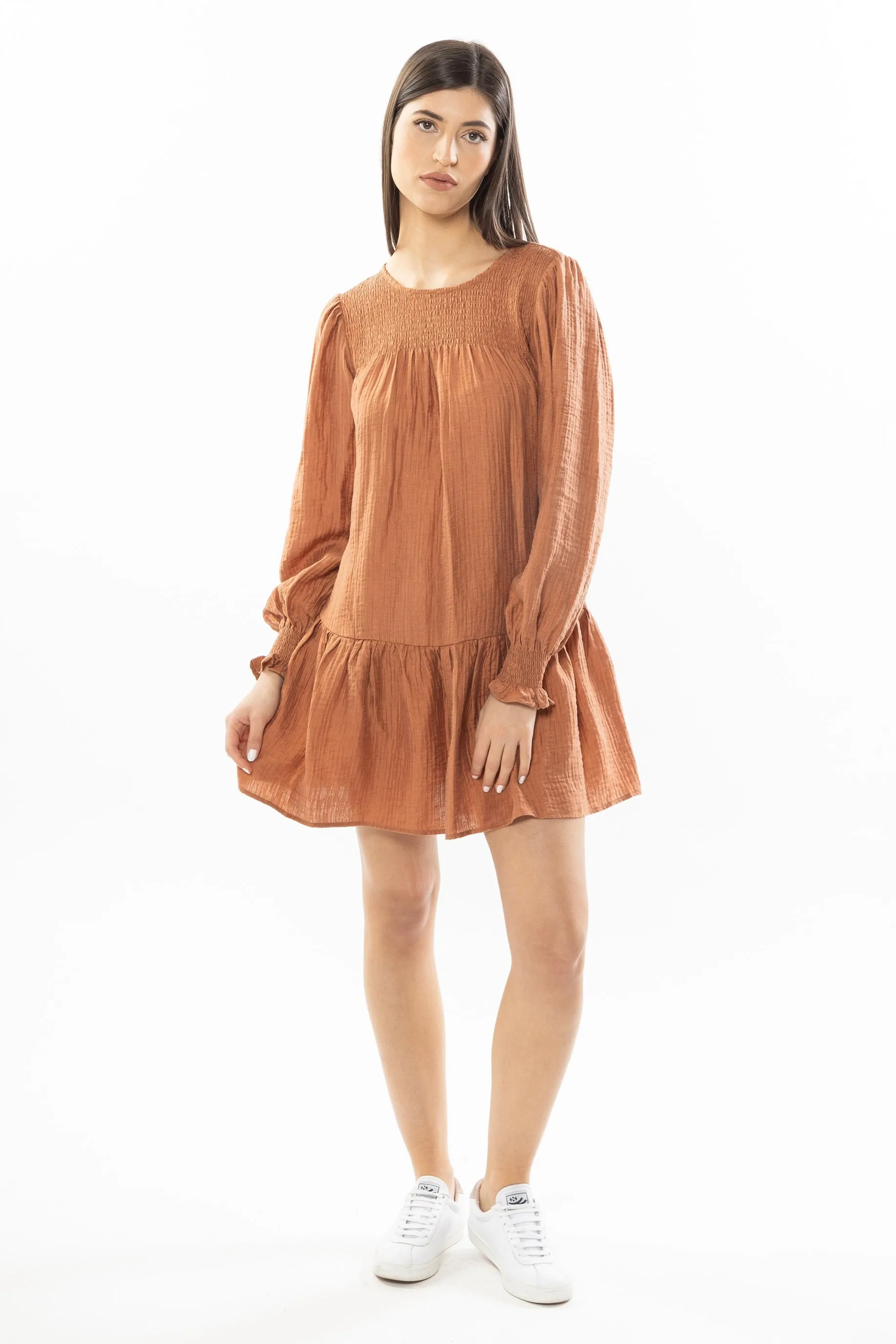 Hugged Copper Texture  Shirred LS Mini Dress