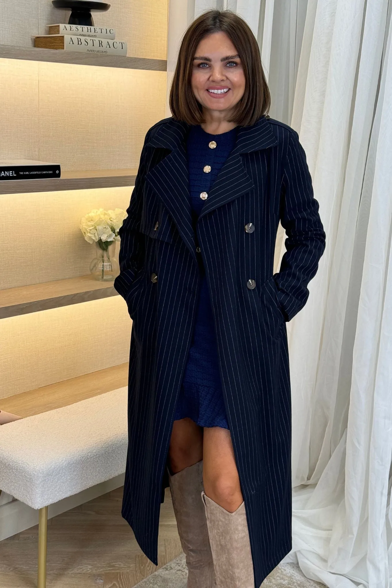 Jasmine Trench Coat In Navy Pinstripe