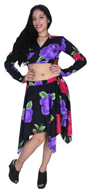 LA LEELA Beach Cover ups Flower Printed Likre Long Sleeve Top Skirt