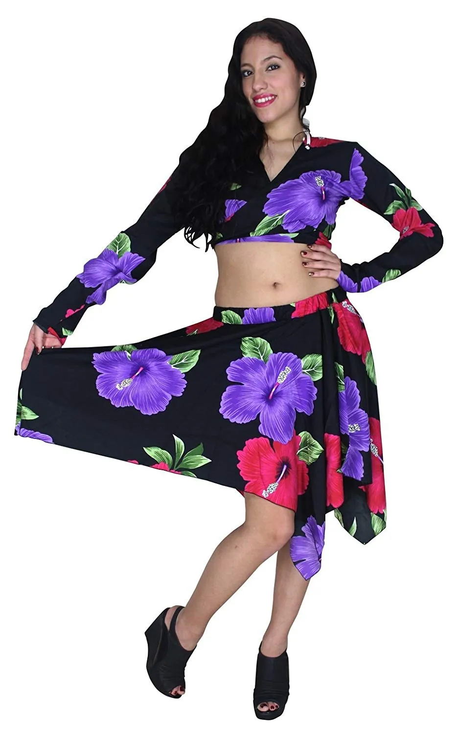 LA LEELA Beach Cover ups Flower Printed Likre Long Sleeve Top Skirt