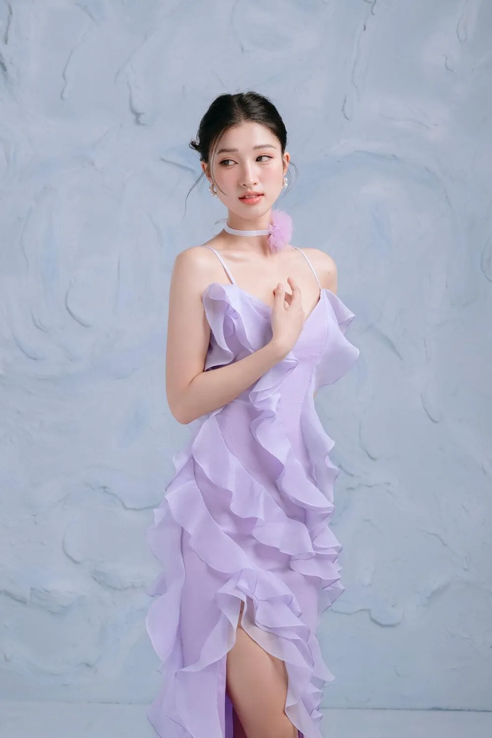 Lavender Asymmetric Ruffle Layer Organza Midi Dress