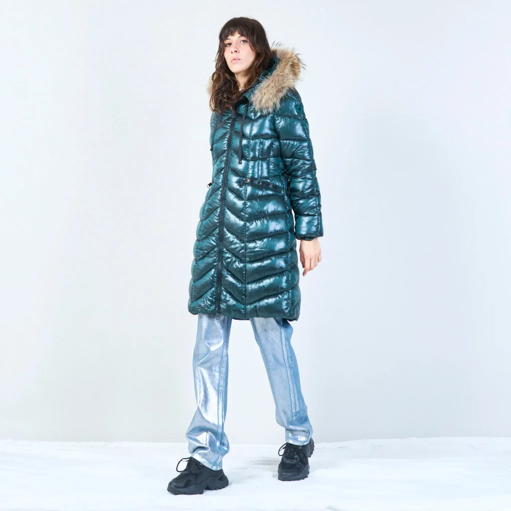 Long puffer coat with fur-lined hood wholesale