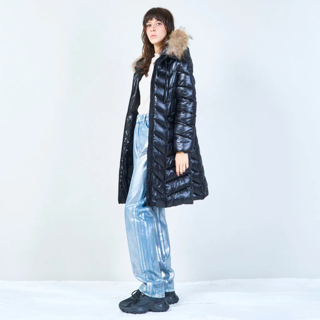 Long puffer coat with fur-lined hood wholesale