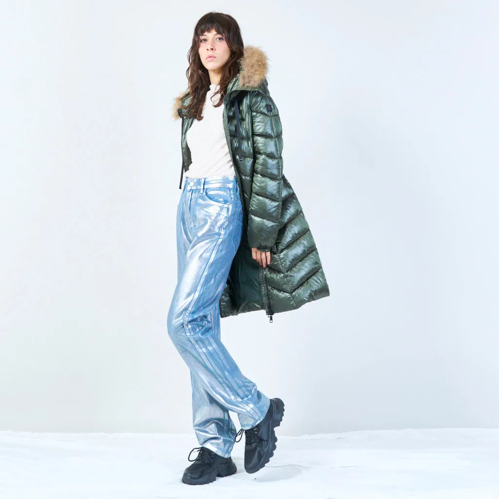 Long puffer coat with fur-lined hood wholesale