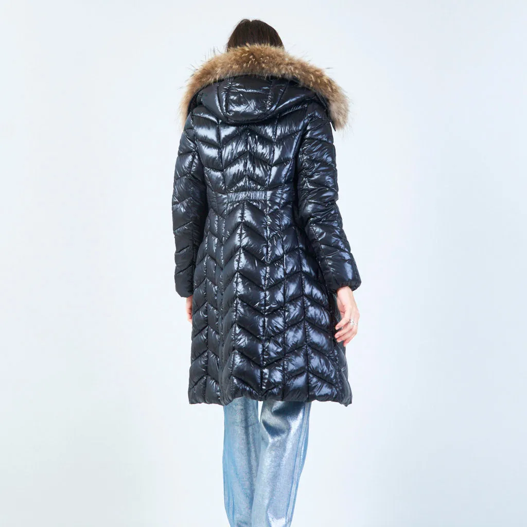 Long puffer coat with fur-lined hood wholesale