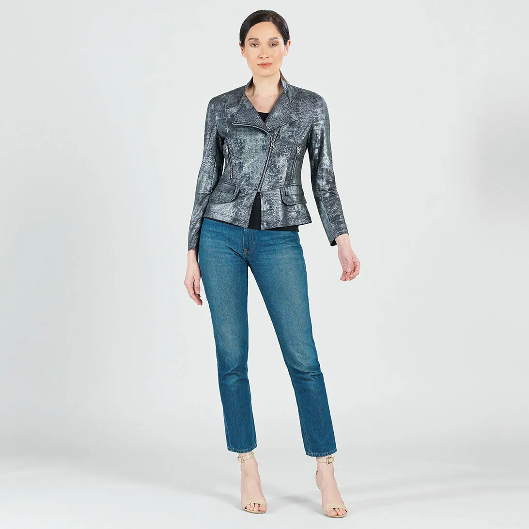 Metallic Liquid Leather™ Textured Biker Jacket - Gunmetal Silver