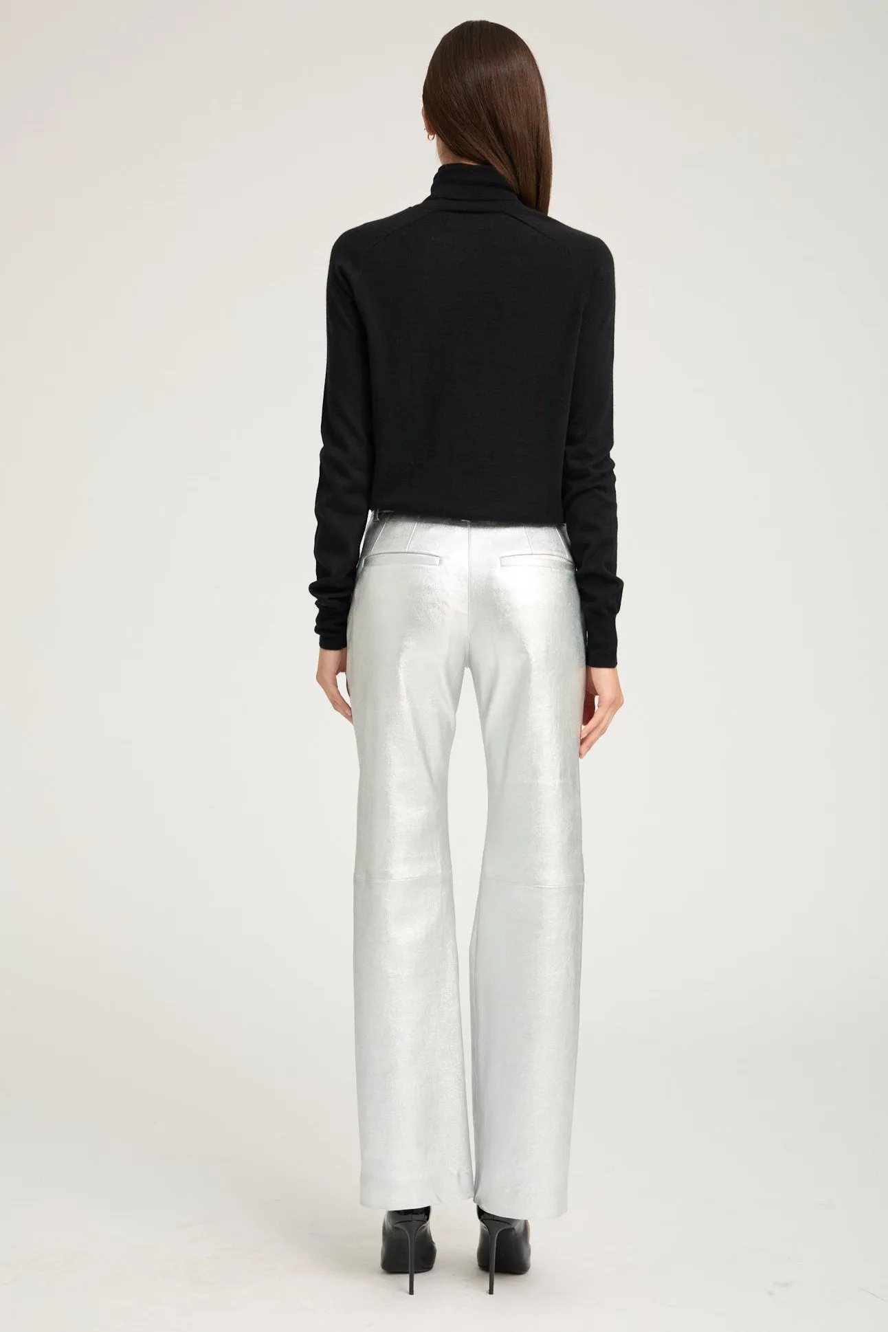 Metallic Silver Leather Classic Trousers