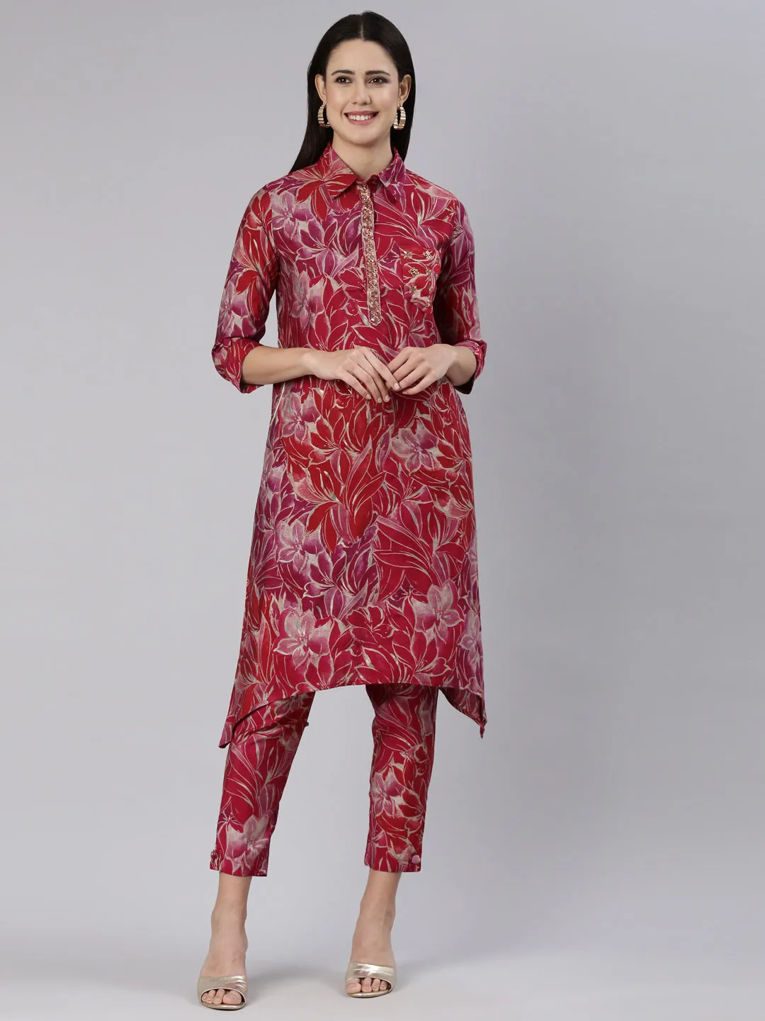 Neeru's Red Regular Straight Printed Kurta And Trousers