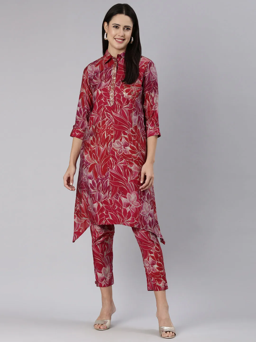 Neeru's Red Regular Straight Printed Kurta And Trousers