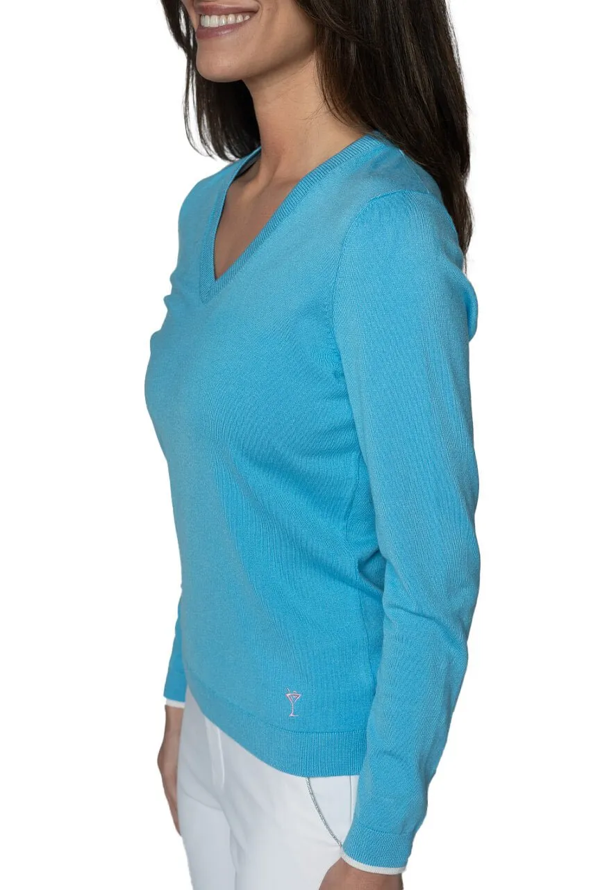 Ocean/White Stretch V-Neck Sweater