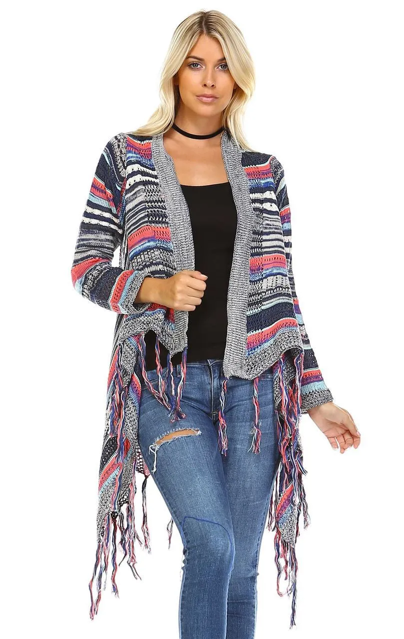 Open Front Oversized Fringe Cardigan with Multiple Stripe Gray Navy