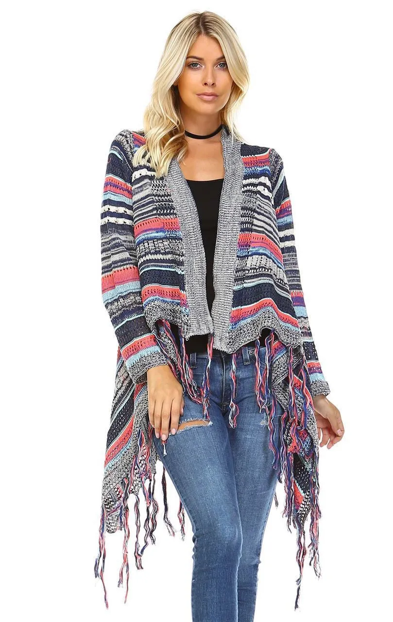 Open Front Oversized Fringe Cardigan with Multiple Stripe Gray Navy